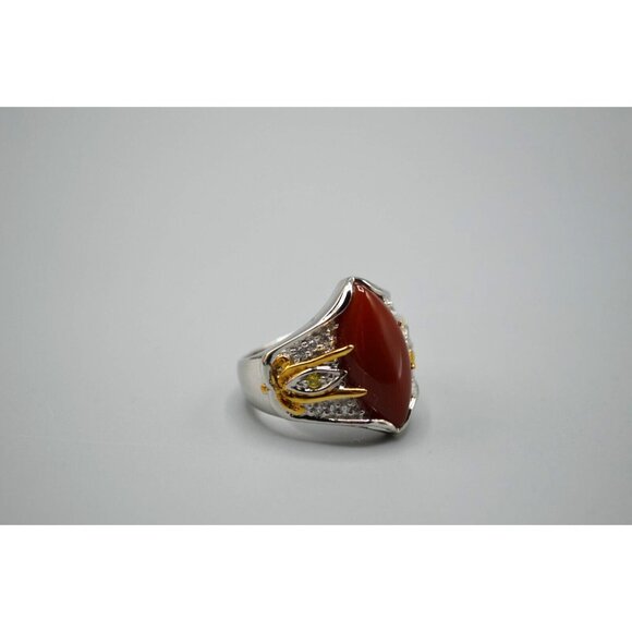 Red Stone Cocktail Ring Pointed Oval Gold Vermeil Sterling Silver 925 NH Size 9 - Picture 1 of 9
